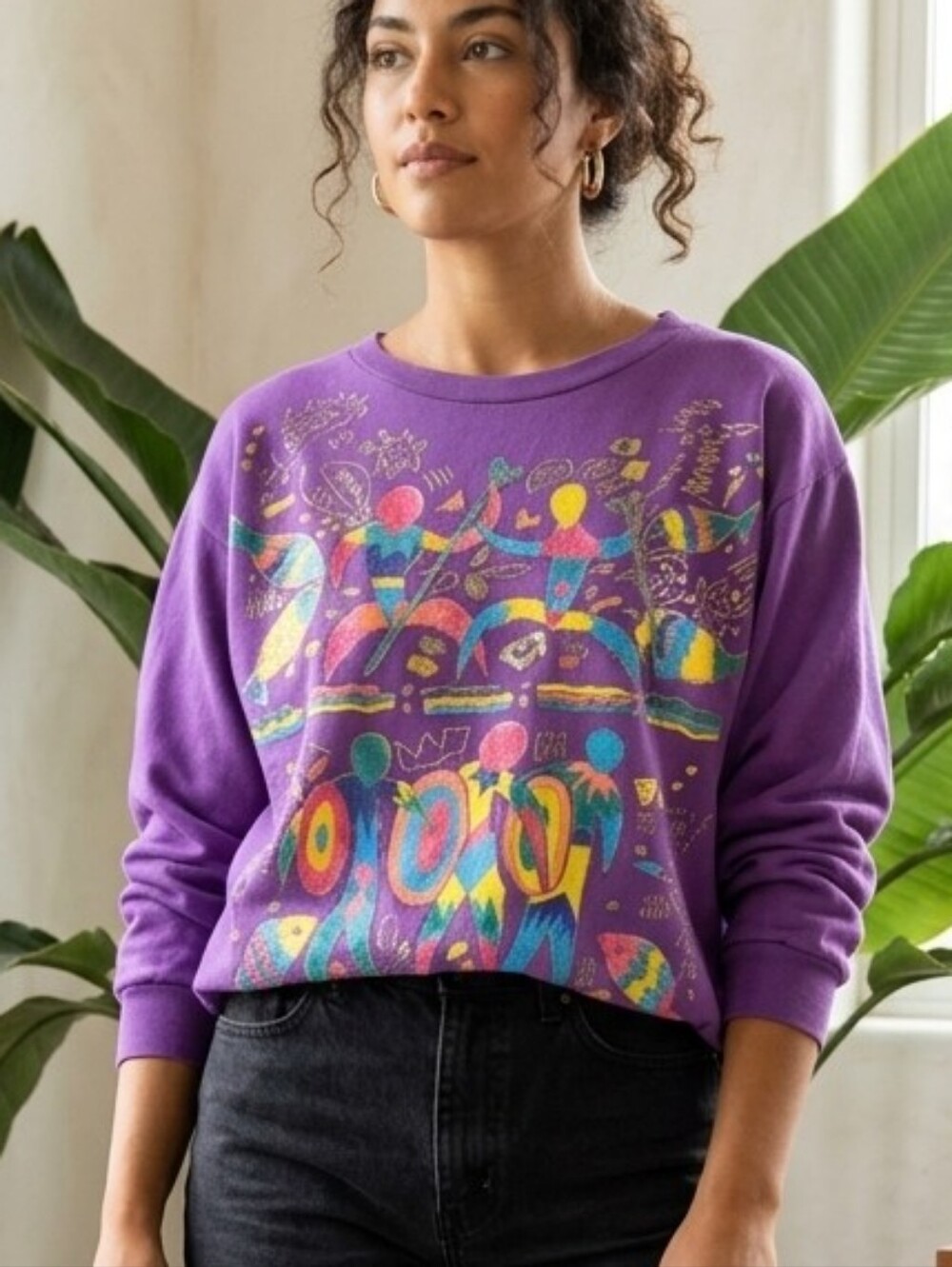 Vintage 80s 90s Purple Oversized Sweatshirt Graphic Abstract Art XL 2XL